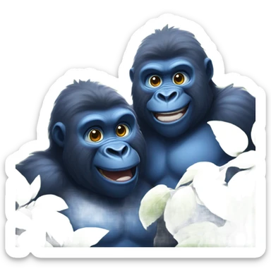 Two joyful blue fluffy gorilla brothers playing in a blueberry bush sticker