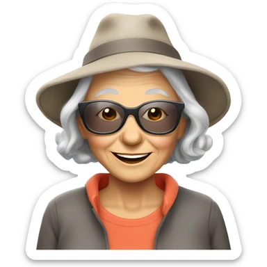 smiling younger grandma with hat and sunglasses , longer grey hair outdoors with a donkey sticker