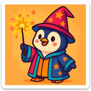 a cute penguin wizard casting a spell, wearing a robe and holding a wand, colorful cartoon style, vibrant toon style, bright and cheerful sticker
