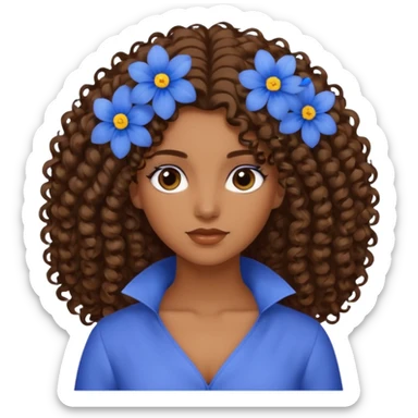 Qro uma moça morena de cabelo cacheado com uma flor azul no cabelo com o cabelo baixo sticker