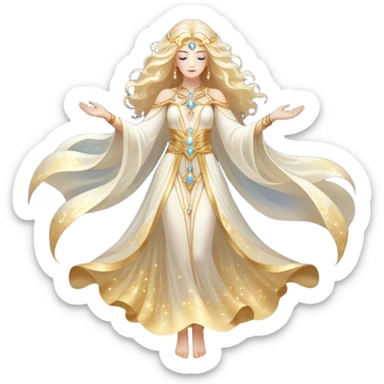 fullbody universe goddess Sophia, Ethereal Light Being, Made of starlight and fractals, Glowing white/gold skin with flowing translucent robes, Hair like galaxy mist, Jewelry made of stars and crystals sticker