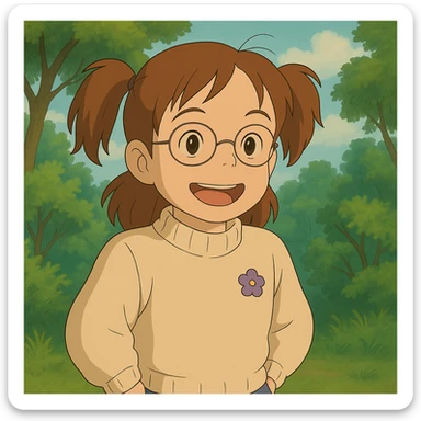 Transform the character Mei Mei from a red panda into a regular human girl, illustrated in the Ghibli style. Maintain the soft, detailed, and whimsical aesthetic typical of Ghibli films. sticker