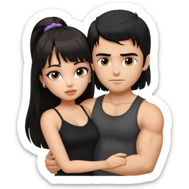 generate a pretty bratz girl in black cami top, dark brown straight long hair with bangs, eyeliner on, 

hugging a handsome muscular boy with black hair and a grey tshirt sticker