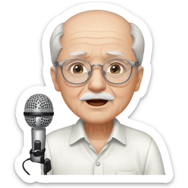 singer, Old man, singing to mic, white shirt glasses sticker