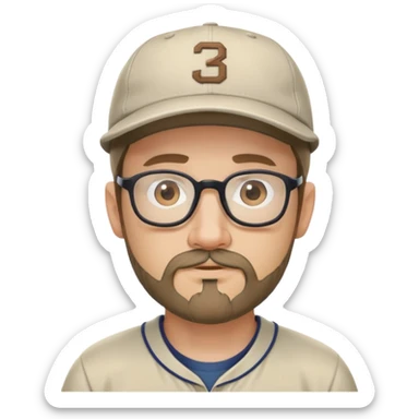 adventurer with goatee beard (no beard on cheeks), short hair, glasses and backwards baseball cap sticker