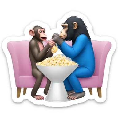 Pink baboon eating popcorn with a blue chimpanzee sticker