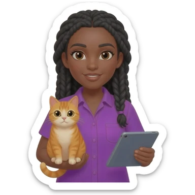 Émoji représentant une femme peau marron avec des longues nattes noires, une belle chemise violette, tenant un chat orange dans une main et une tablette dans l'autre sticker