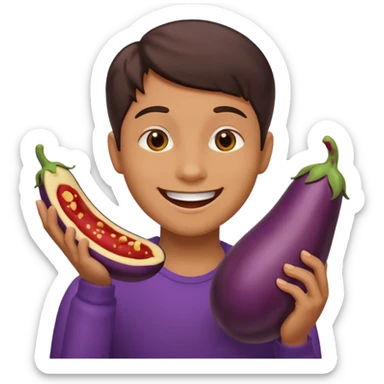smiley qui se mord les levre avec une aubergine dans les main sticker
