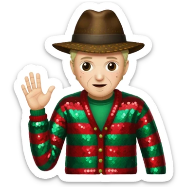 Freddy Krueger with red and green stripe sequin sweater, dark brown sequin jacket and hat sticker