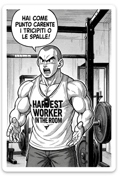 Personal trainer che dice al suo allievo, "hai come punto carente i tricipiti o le spalle!" Stile manga di Dragon Ball sticker