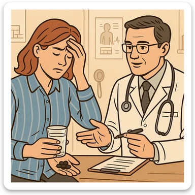 A realistic or illustrative style image of a doctor in a white coat prescribing medicine to a woman holding her stomach or head in pain. The woman holds pills and a glass of water. The background is a clinic room, inspired by the reference image. sticker
