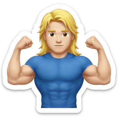young guy with biceps fkexing, long yellow hair, blue t-shirt sticker