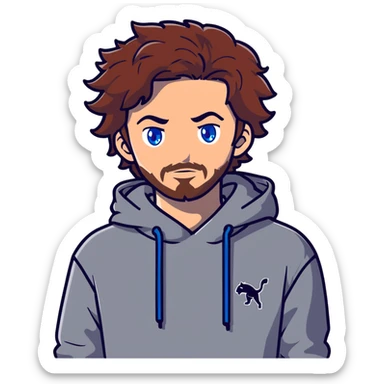 Adult male with blue eyes and redish brownish messy hair and trimmed facial hair wearing a gray puma hoodie sticker