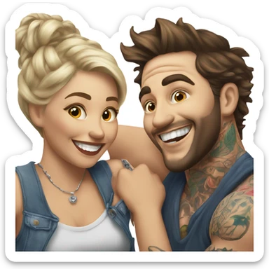 Hyper Realistic beautiful woman in the arms of a very handsome tattooed man laughing  sticker