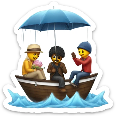 4 friends with umbrella playing with a ship in the rain sticker