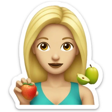 a blonde woman with black eyes holding fruit sticker