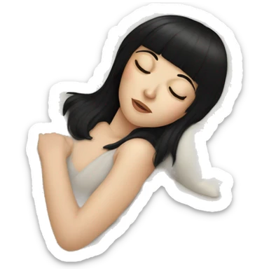 Woman pale skin black hair with bangs sleeping in bed with pillow, white woman sticker