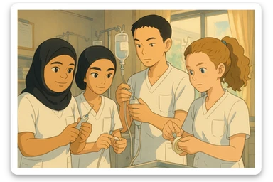 Four nursing students inspired by the photos, in Ghibli style, preparing medical equipment together in a care room. They wear short-sleeved white uniforms with V-neck medical tunics, left chest pocket, no collar stand, no stethoscopes, bare forearms, and long hair tied back for those who have it. The atmosphere is dynamic and professional. sticker