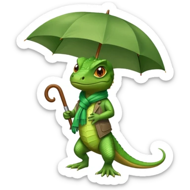 lizard wearing shoes and a scarf, holding an umbrella, grumpy expression sticker