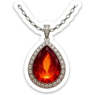 A teardrop ruby pendant with fiery light, a tiny phoenix feather emerging, haloed by shimmering white stones, and a silver chain like liquid moonlight sticker