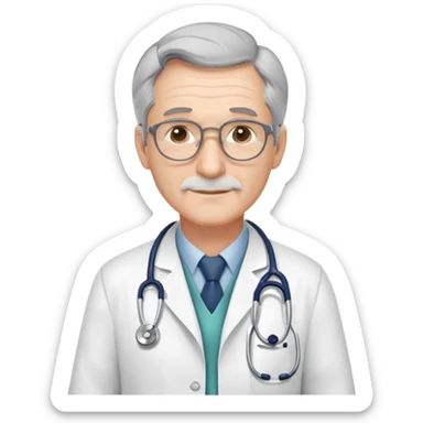mature 60 year old male doctor with stethoscope, gray hair, professional sticker