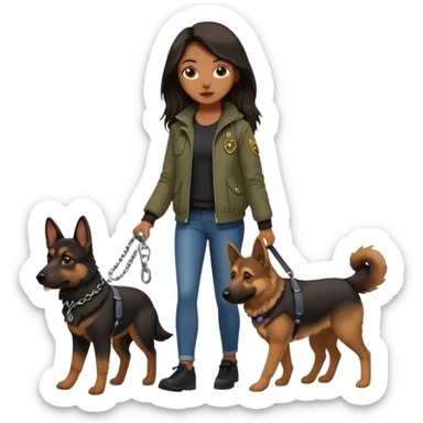 a girl with a brown dark long hair, she's walking her dog is a german shepard sticker