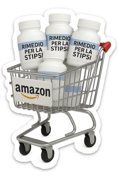emoji stile iphone di un carrello per la spesa con l'icona di amazon stampata sopra, dentro al carretto ci sono varie boccette di integratori con la scritta "RIMEDIO PER LA STIPSI", iperrealistico 4k sticker
