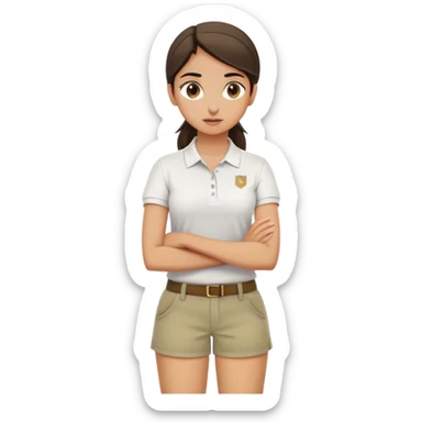 Pool attendant. white polo shirt. khaki shorts. Arabic. Arms crossed. girl sticker