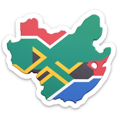 Create a 3D style image of the map outline of South Africa with the South African flag applied on it. Ensure the black color of the flag is vivid and clearly visible, maintaining the flag's distinct colors and shapes on the map contour. sticker