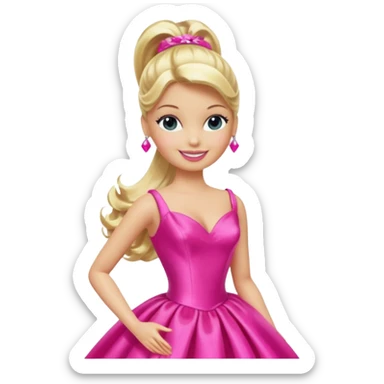 En klassisk blond modedukke med høj hestehale, iført en glamourøs hot pink aftenkjole, skinnende plastik-tekstur, smilende, ikonisk legetøjs-æstetik. sticker