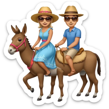 a lady on a donkey while the man is walking alongside the donkey sticker