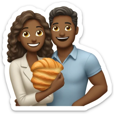 a happy woman and a man are friends and holding a croissant sticker