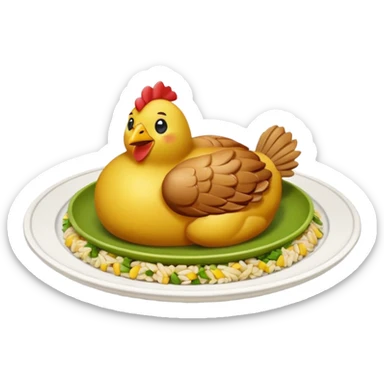 moji 3D de plato redondo con pechuga de pollo a la plancha en tiras, arroz blanco, rodajas de aguacate y maíz amarillo, vista desde arriba, fondo blanco, estilo simple. sticker