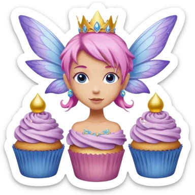 beige fairy cupcakes with yellow frosted icing on top and a enchantress fairy with tanned skin and pink hair and lilac wings and blue eyes wearing a dusky pink embellished gown decoration sticker