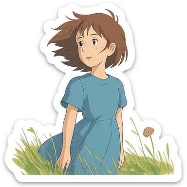 young girl with wind-blown hair standing in a field, ghibli style sticker