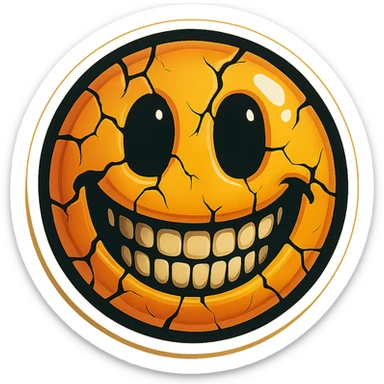 Create a creepy emoji with a wide smile, cracks, and a face similar to the reference image. Use retro stickers style with sharp black outlines, distinct shadows and highlights, no gradients, only clear color transitions, and a highly vectorized drawing style suitable for easy SVG conversion. sticker