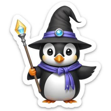 A cute penguin wearing a wizard hat and robe, holding a magic wand sticker