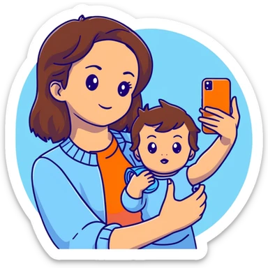 brunette girl with brown hair wearing pastel blue clothes holding a baby and taking a selfie sticker