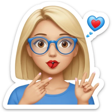 Asthectic Blonde women with a middle hair pattern, brown eyes, blue glasses, waering a brown top, blowing a kiss with hearts around her. sticker