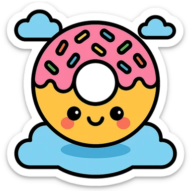 kawaii donut with rainbow sprinkles and happy face, floating in a dreamy cloud background, lineal color icon with black outlines sticker