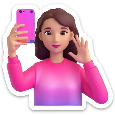 girl taking selfie, transparent glass with bright pink gradient from #FF335F to #FF99AA, highlights and reflections, minimalistic sticker