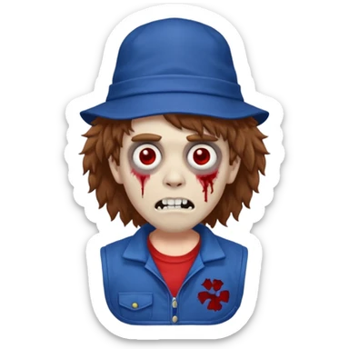 brown fluffy hair zombie with blue and white hat dark blue jilet red t shirt sticker