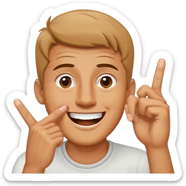 guy laughing with middle and pointer finger towards head sticker