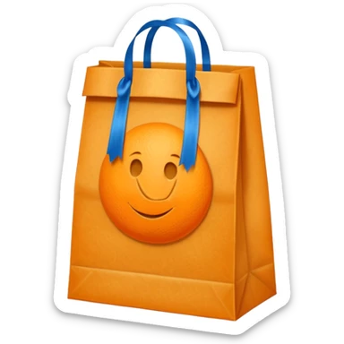 orange paper bag with blue ribbon sticker