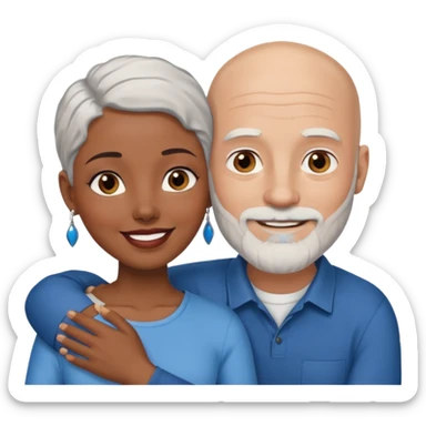 Talk bald white man with a white beard and blue eyes lovingly holding a black woman with brown eyes and grey hair sticker