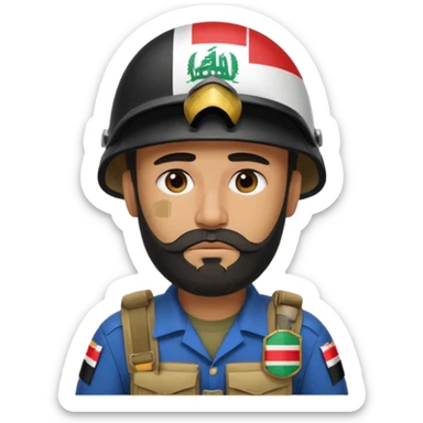 A very tired and sad, swarthy Iraqi soldier with a beard, an Iraqi flag on his helmet, a sad expression and bags under his eyes sticker