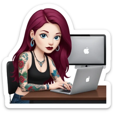Realistic Macbook pro, side view of female, long burgundy hair, pale skin, big lips, blue eyes with tattoos, wearing black, graphic designer, sitting at work desk with MacBook open, still view sticker