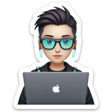 An emoji of a person with a laptop, but wearing cyberpunk glasses and with a slight neon glow sticker