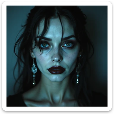 realistic horror portrait of a beautiful woman with ghostly glow, sharp features, dark lipstick, gothic earrings, supernatural horror sticker