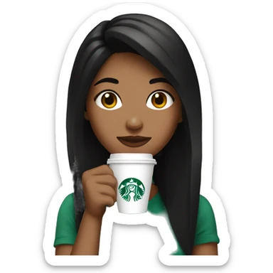pretty girl with black hair enjoying a coffee from Starbucks sticker